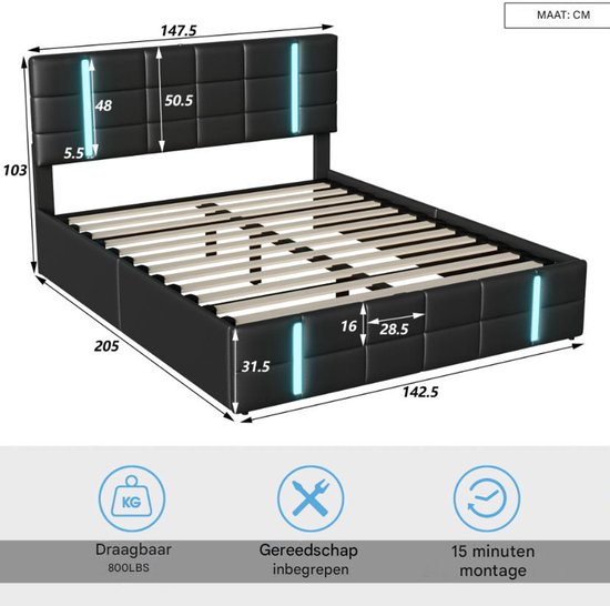Tweepersoonsbed 140x200 cm in Zwart PU met LED, USB, Lattenbodem en Opbergruimte, Jeugd- & Slaapkamerbed