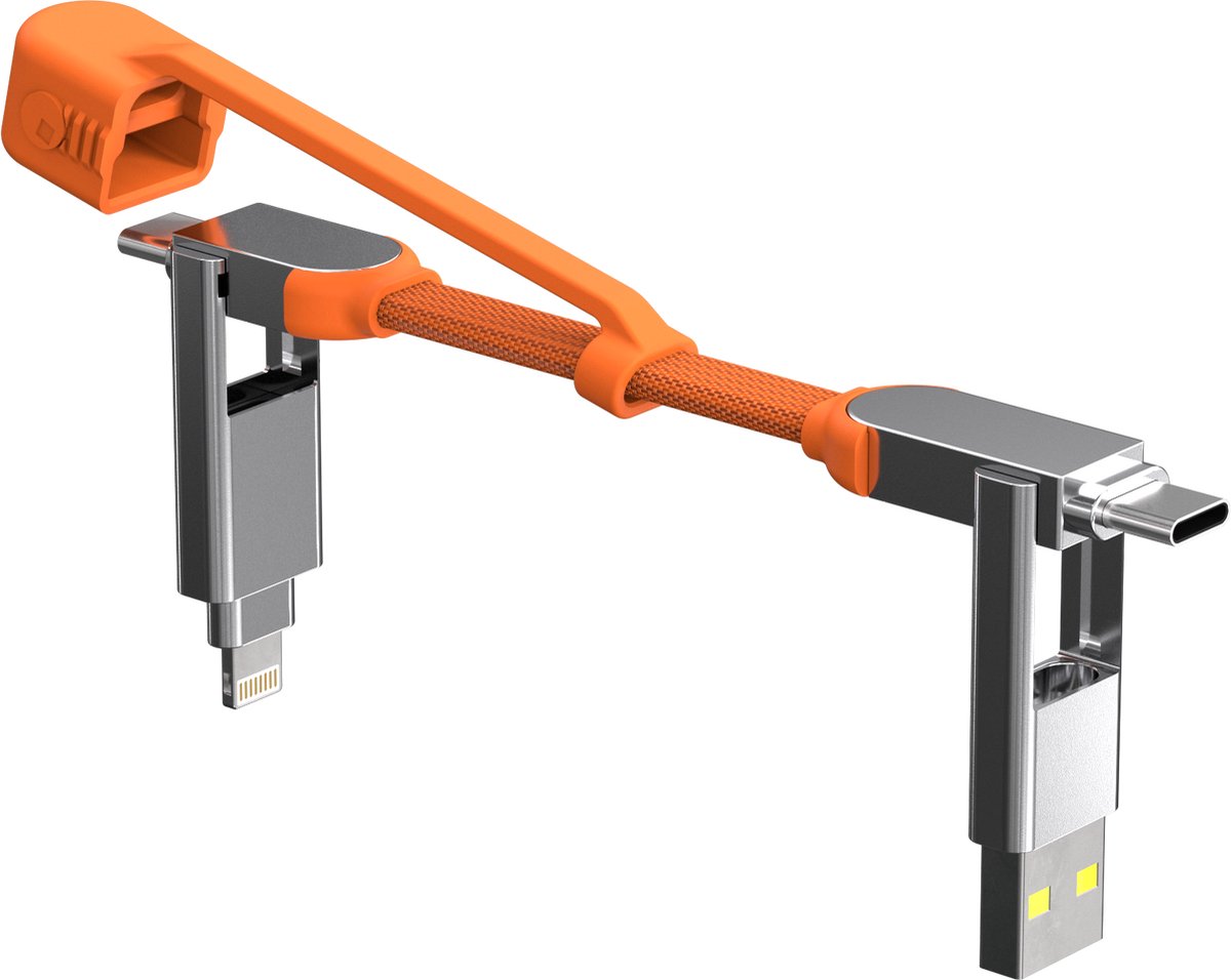 Rolling Square inCharge XS 4-in-1 Snellaadkabel Sleutelhanger - 240W - USB-C, Lightning & Micro-USB - Oplaadkabel voor iPhone, iPad, Android & Laptop - Oranje