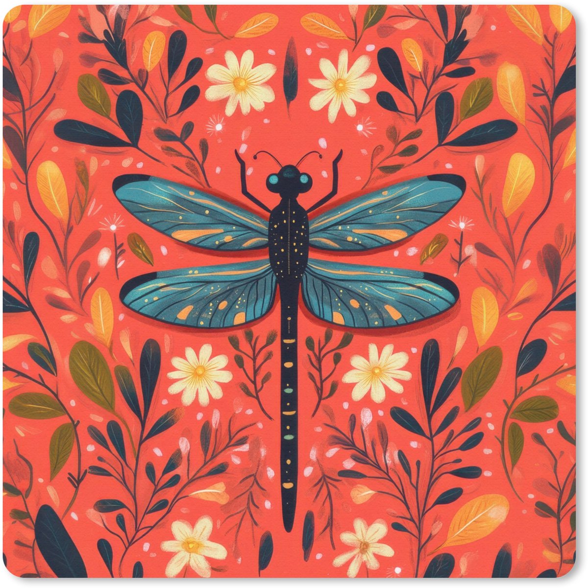 Muismat 30x30 cm - Mousepad Libel - Blauw - Vleugels - Bladeren - Muismatten
