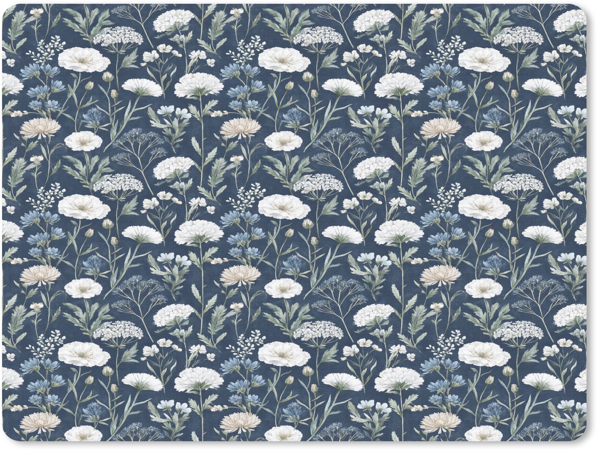 Muismat 23x19 cm - Mousepad Patroon - Bloemen - Wit - Blauw - Muismatten