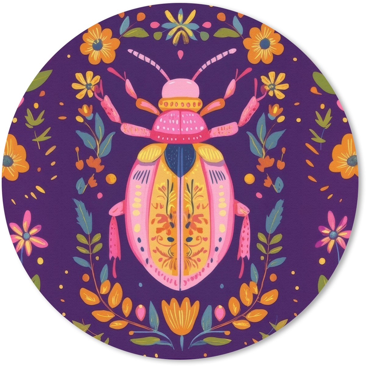 Muismat rond 50x50 cm - Mousepad Kever - Felgekleurd - Bloemen - Bladeren - Ronde muismatten