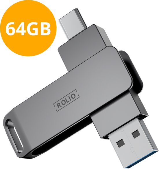 Rolio USB Stick 64 GB - USB C en USB A - 800Mbps - USB 3.0 - USB-C Stick - Plug & Play - Universeel - Geschikt voor alle Laptops / Smartphones / Tablets