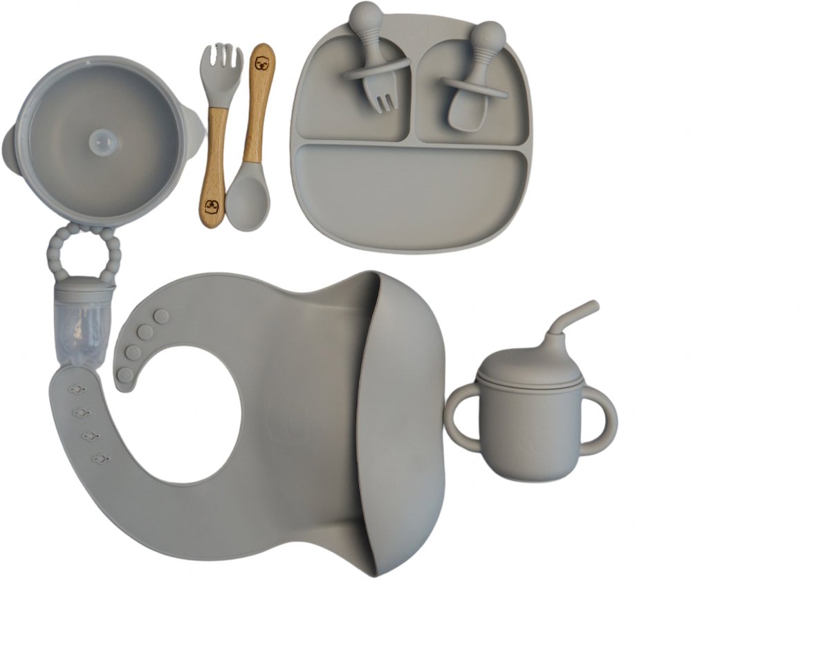 The Baby Supply 9-delig Kinderserviesset Grijs– Veilig, Duurzaam & Ideaal voor Zelfstandig Eten