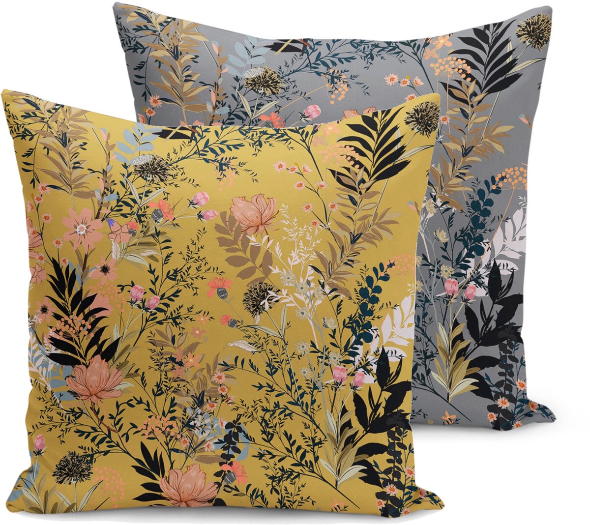 De Groen Home Velvet Kussenhoesjes - kussenhoes set van 2 - 45x45 - Bloemen op Grijs & Geel - Aan beide zijdig bedrukt