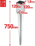 Un ancrage au sol LUN FIX de 750mm de long avec des dimensions de 120x120mm.