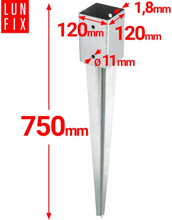Un ancrage au sol LUN FIX de 750mm de long avec des dimensions de 120x120mm.