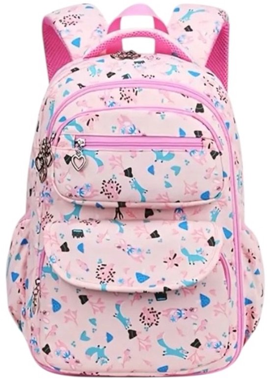 Foto: Twenty two schooltas voor meiden tieners schooltas met hartjes ritssluiting rugtas voor school brugklas 8 vakken reflecterende strepen verstelbare banden schattige rugtas voor meiden dieren print roze blauw