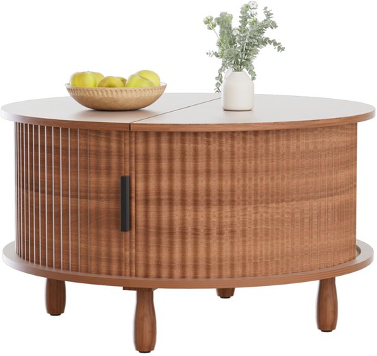 Farmhouse Coffee Table with Storage Round Wooden Coffee Table for Home Living Room Office Center Table with Sliding Cabinet Door Type 2