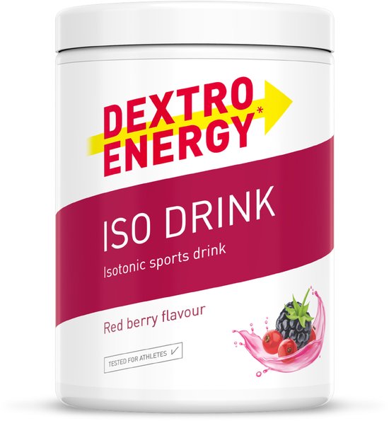 Dextro Energy ISO DRINK Red berry flavour. Isotone sportdrank poeder in een witte pot met rode en gele accenten en afbeelding van bessen.