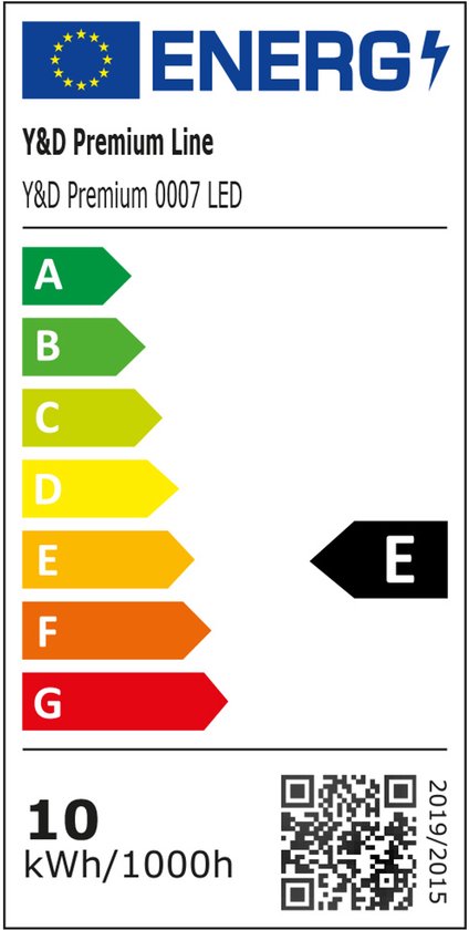 Étiquette d'efficacité énergétique avec classes A à G et indication de 10 kWh/1000h.