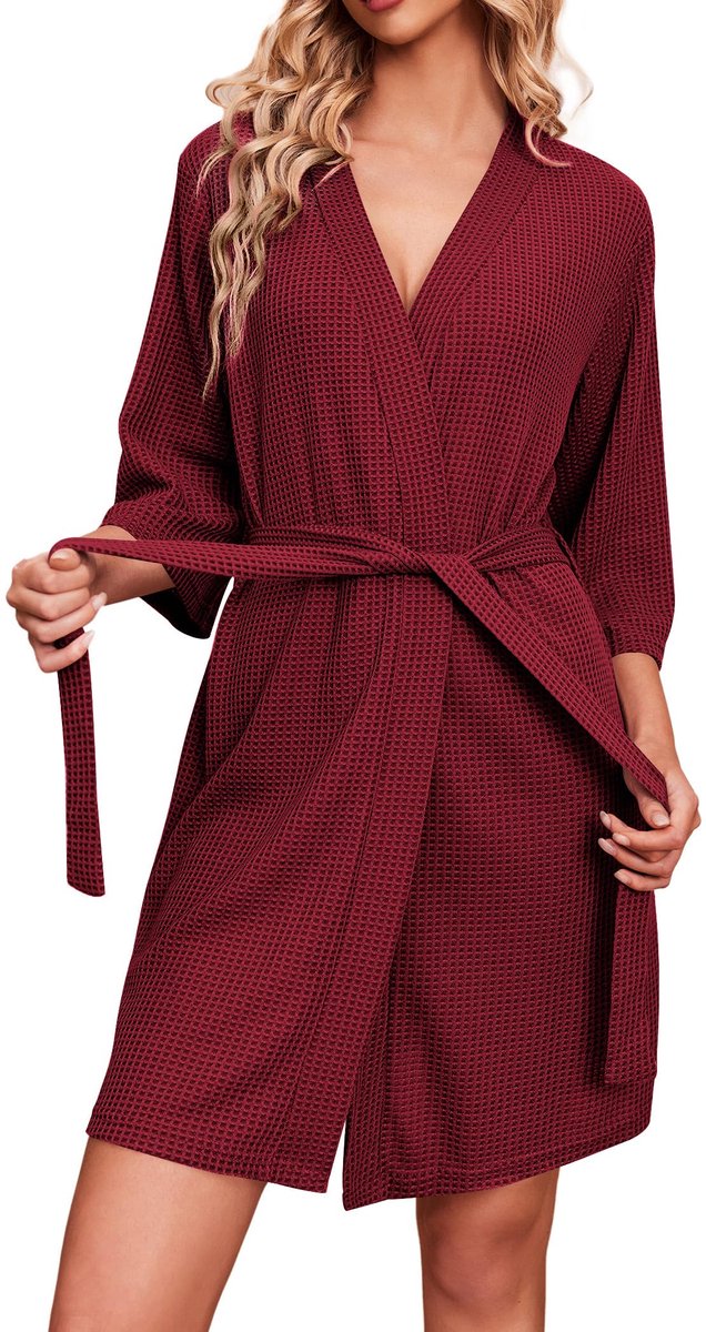 Badjas - Lichtgewicht Wafelpiqué met 3/4 Mouwen - Voor Dames - Rood XL