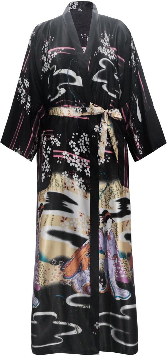 Kimono Ochtendjas - Lang Satijn Lichtgewicht Japanse Yukata Pagode Stijl - Voor Dames - Zwart 3XL Grote Maten