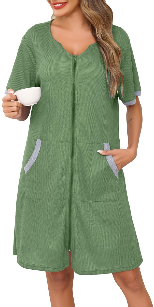 Dames Badjas - Wafelpiqué - Met Ritssluiting - Lichtgewicht Ademend - Knielang - Groen - XXL