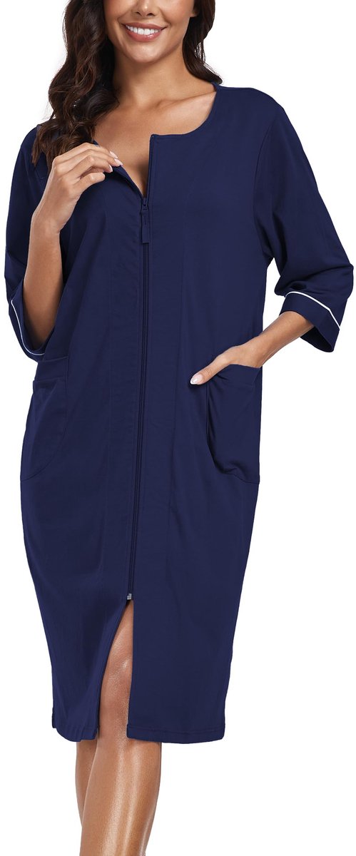 Korte Dames Badjas - 100% Katoen Lichtgewicht met Ritssluiting en 3/4 Mouwen - Marineblauw, Maat S