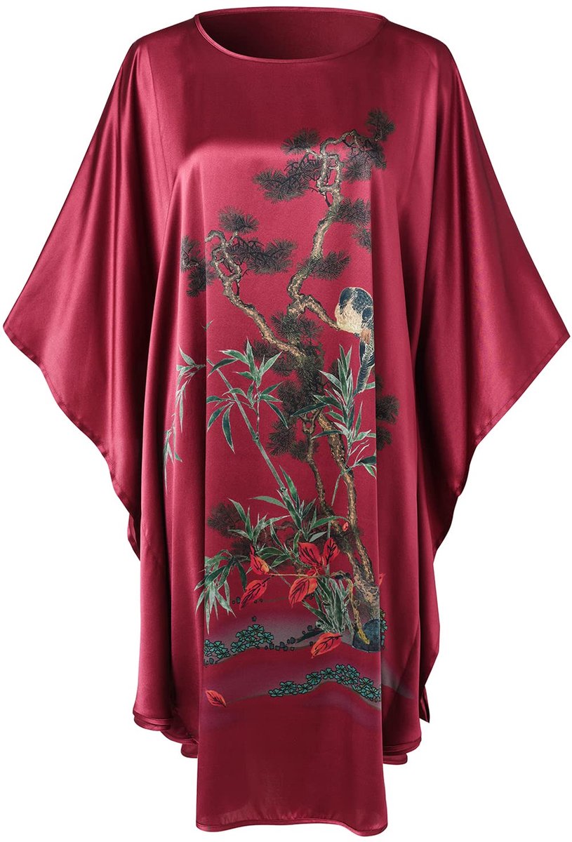 Dames Korte Kimono - Van 100% Zijde - Met klassieke vleermuismouwen - Voor Nachtkleding - Donkerrood