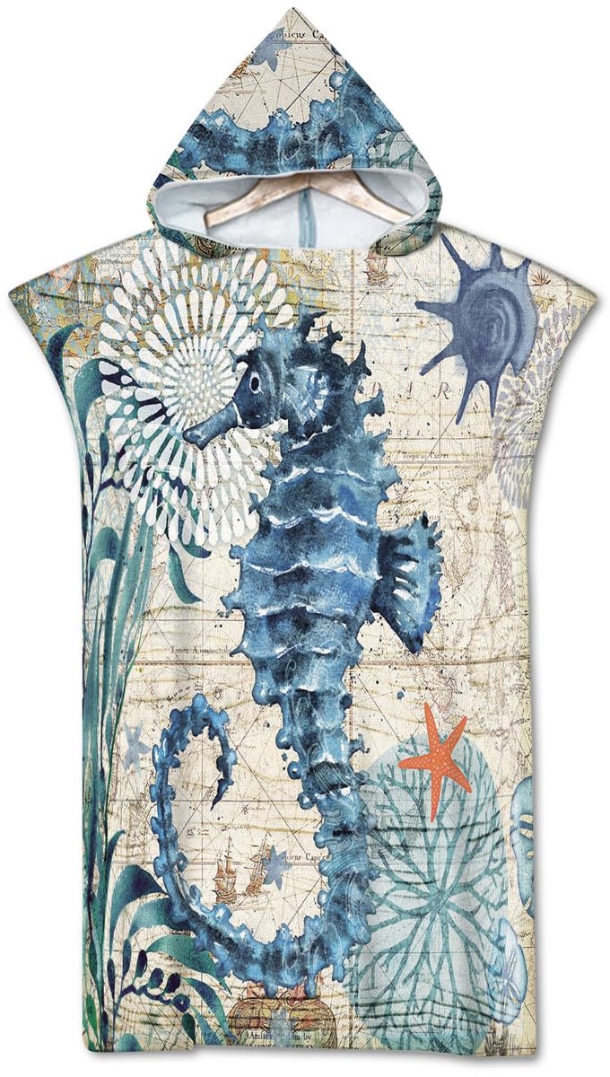 Handdoekponcho - Sneldrogend - Met Onderwaterwereld Zeepaardje Print en Capuchon - Voor Volwassenen - Voor Strand, Zwemmen en Surfen - Blauw - 75x110 cm