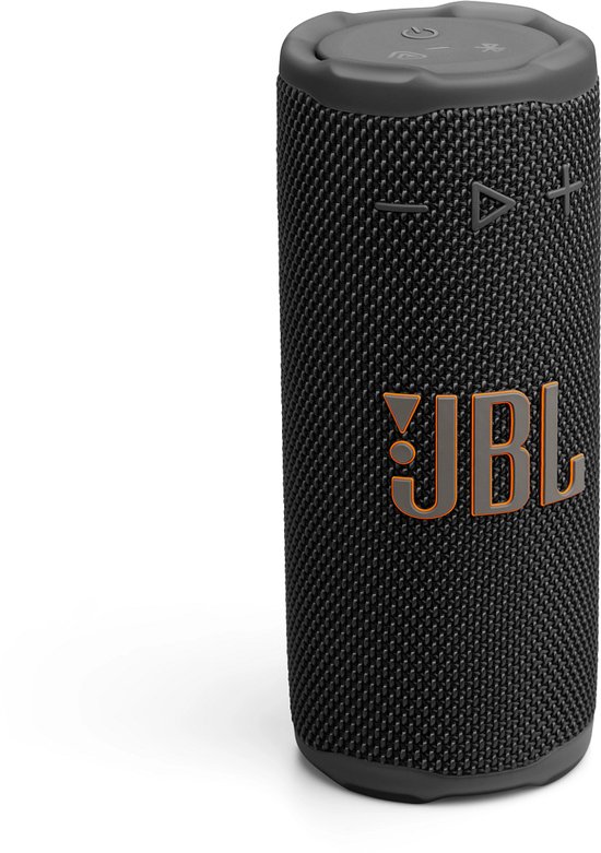 Zwarte JBL draagbare speaker met oranje JBL logo en grijze knoppen bovenop.