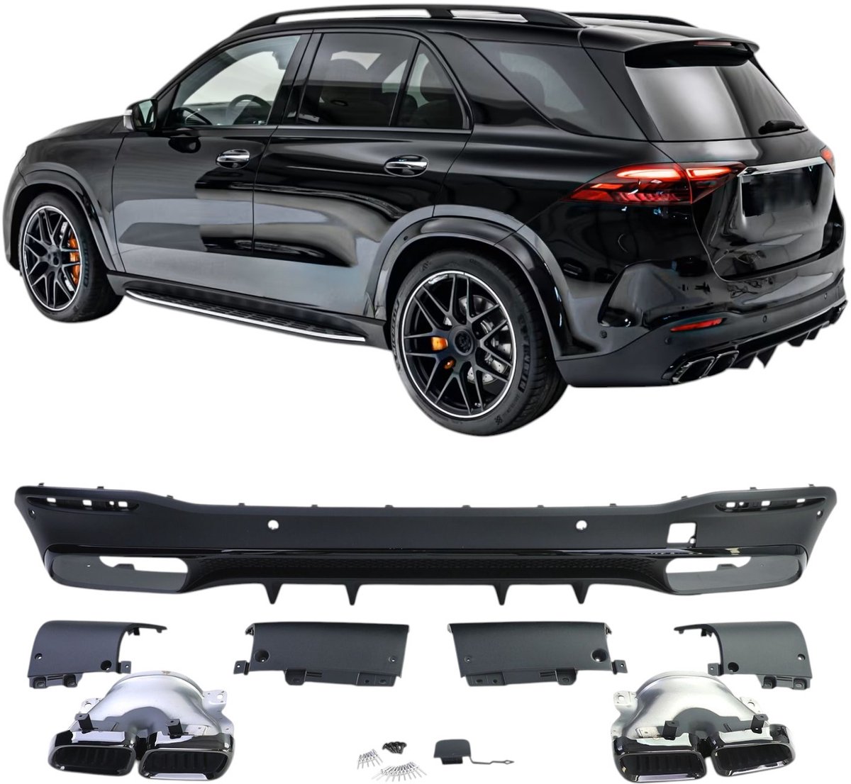 Achterdiffuser Geschikt voor Mercedes GLE W167 & GLS X167 2019+ – Diffuser Kit met Uitlaat Sierstukken – Hoogglans Zwart