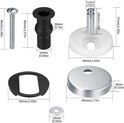 Afmetingen van een schroef, een zwarte rubberen expansiebout, een witte plastic basis met metalen pin, een metalen deksel en een ring.