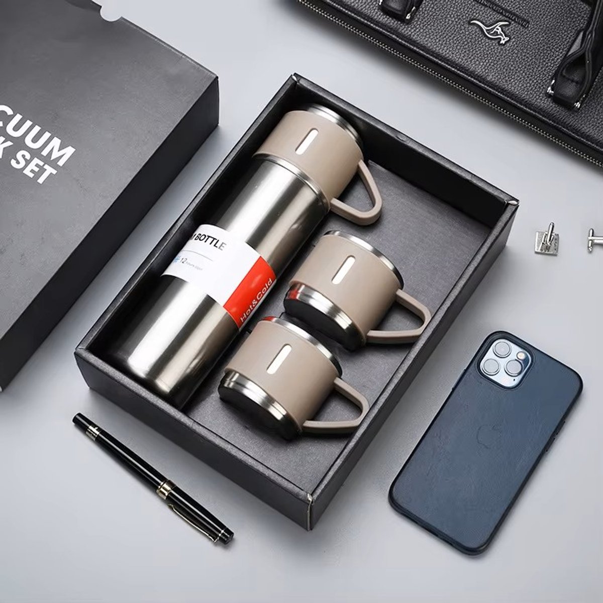 Thermosfles set 3-delig - RVS - Duurzaam, Lekvrij, en Leuk om Cadeau te Doen – Zilver
