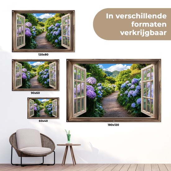 Affiche de jardin 120x80 cm - Décoration de jardin Vue - Hortensia - Chemin - Nature - Affiche pour le jardin - Décoration extérieure - Tableau de jardin clôture - Décoration murale sur toile de jardin - Décoration murale sur toile de balcon
