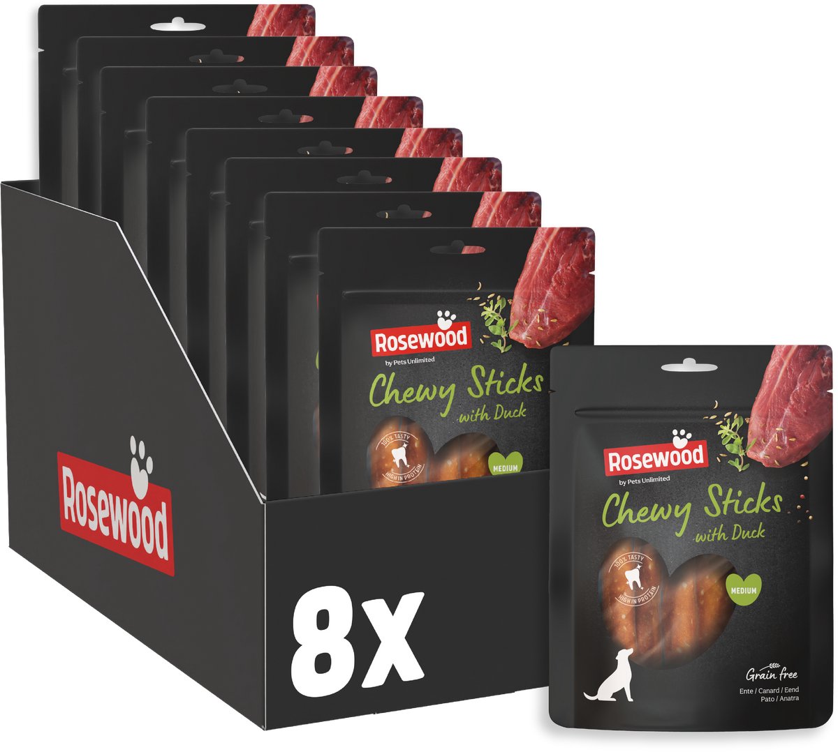 Rosewood Chewy Sticks Eend Medium - Kauwstaven voor Honden - Met Eend & Runderhuid - Graanvrij & Zonder Kunstmatige Toevoegingen - 8 zakjes à 100g