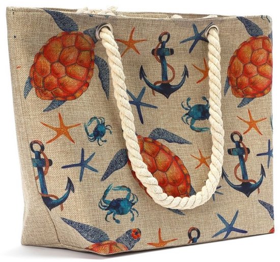 Un sac de plage doublé et joyeux (50x35cm) avec des photos d'été douillettes. Tortues, ancres, homards et étoiles de mer. Fini avec deux poignées en corde torsadée. Verrouillable avec une fermeture éclair. Un joli sac pour vous-même ou en cadeau.