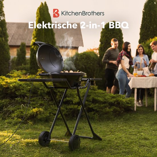 KitchenBrothers Elektrische BBQ - Opvouwbaar - Barbecue met Wielen - Anti-aanbaklaag - Zijtafels - tot 250°C - 2400W - Zwart