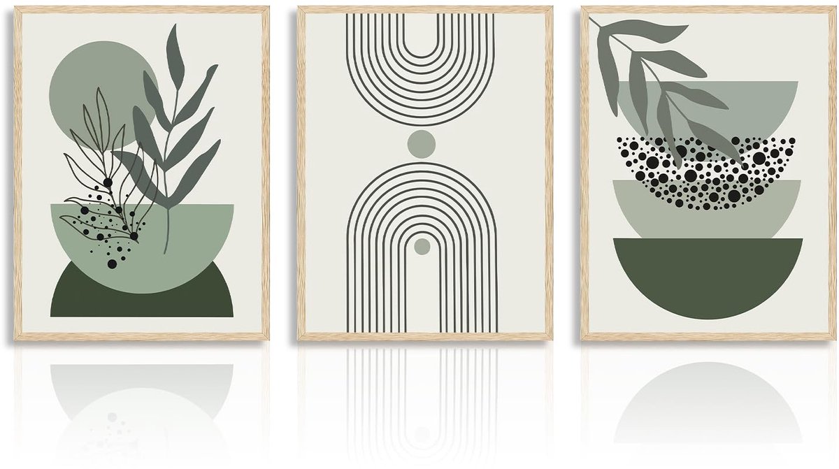 Ibenzoa Abstracte Geometrische Boho Kunst Posters Set van 3 voor Diverse Interieurs 30 x 40 cm groen