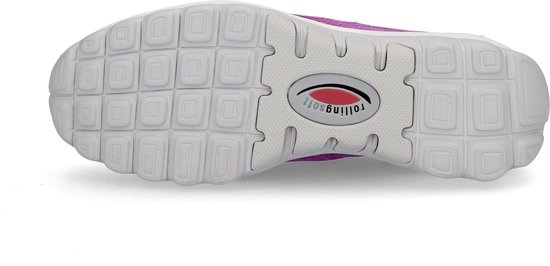 Zool van een paarse Gabor rollingsoft sneaker met een vierkant patroon en het rollingsoft logo.