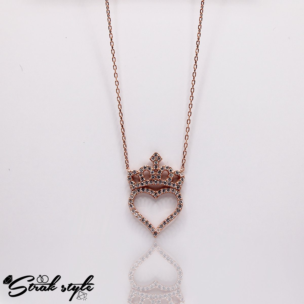 925 Sterling Zilveren Ketting Roségoud met Hart en Kroontje Motief met Zirkonia Stenen Stijlvol Sieraad voor Dames Perfect als Cadeau