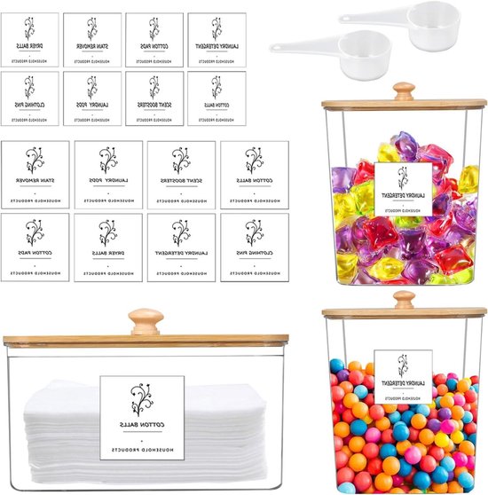 Allecto Plus - 3 stuks waspoeder opslagcontainer met hoge capaciteit - Plastic waspods opslagcontainer - 16 etiketten en 2 lepels - Wasmiddel opslag potten voor waspods - Badbommen - Geurbooster