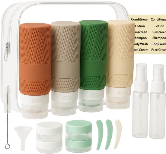 Cailean - Bouteilles de voyage avec étui - 4 pièces - 100 ml + 2 vaporisateurs + 4 pots - Vert/marron rechargeables - Bagage à main - Silicone - Accessoires de voyage - Coffret de voyage - Durable - Flacons de voyage