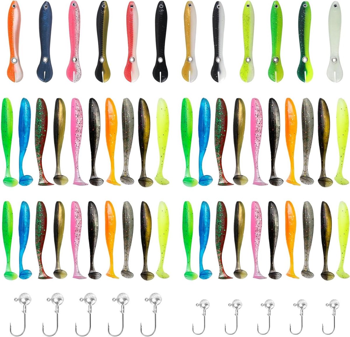Allecto Plus - Rubberen aasset voor baars, snoekbaars en snoek - 62 stuks - Inclusief 10 jighaken - Zoetwatervissen - Verschillende maten (55 cm, 67 cm, 7 cm)