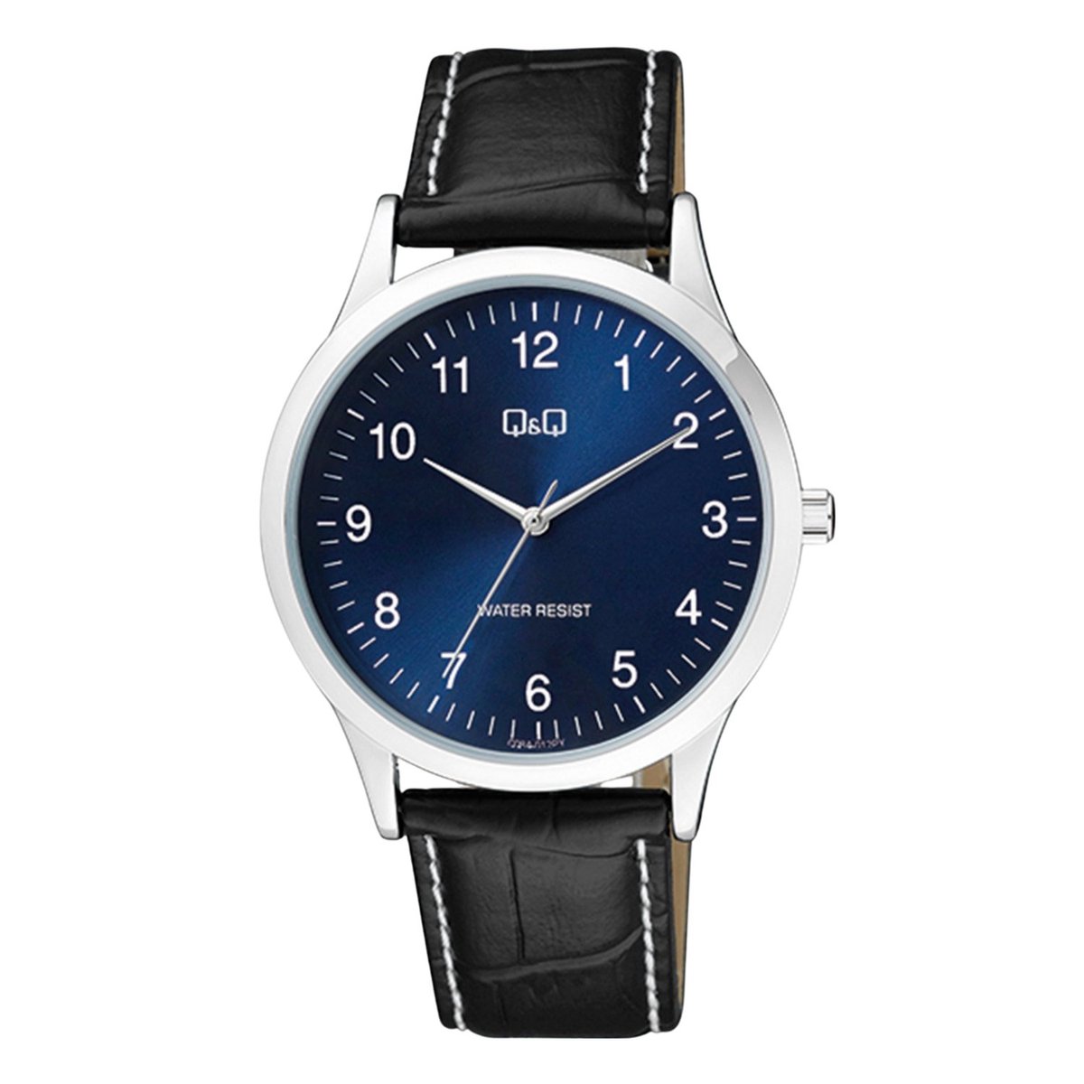 QQ C08A-012PY - Horloge - Heren - Mannen - Leren band - Rond - Staal - Cijfers - Zwart - Zilverkleurig - Blauw