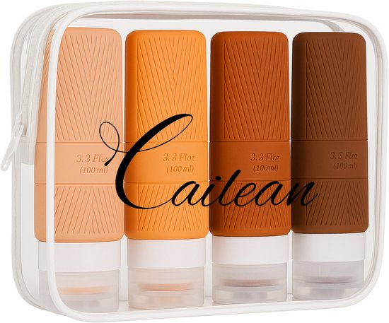 Cailean - Bouteilles de voyage avec étui - 4 pièces - 100 ml - Marron / Oranje - Rechargeables - Bagage à main - Silicone - Accessoires de voyage - Set de voyage - Durable - Flacons de voyage