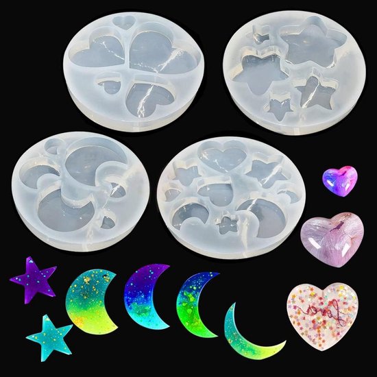 Silicone Mal voor DIY Resin Molds - 4 stuks Epoxy Mold voor Hart en Ster Ontwerp - Kerst Ornament Maan Ambachtelijke Maken