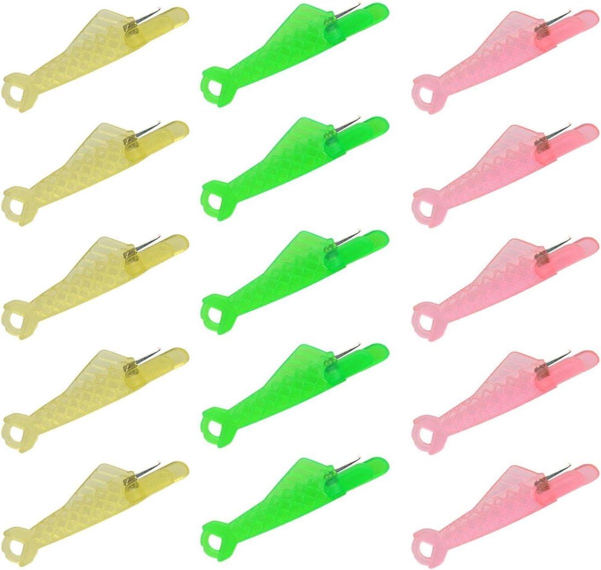 Allecto Plus - Naaldinrijger voor naaimachines, 15 stuks - Kunststof inrijghulp, visvorm - Naaimachine accessoires - Inrijgnaalden - Draadgeleider - Doe-het-zelf, naalden - Visvormig.
