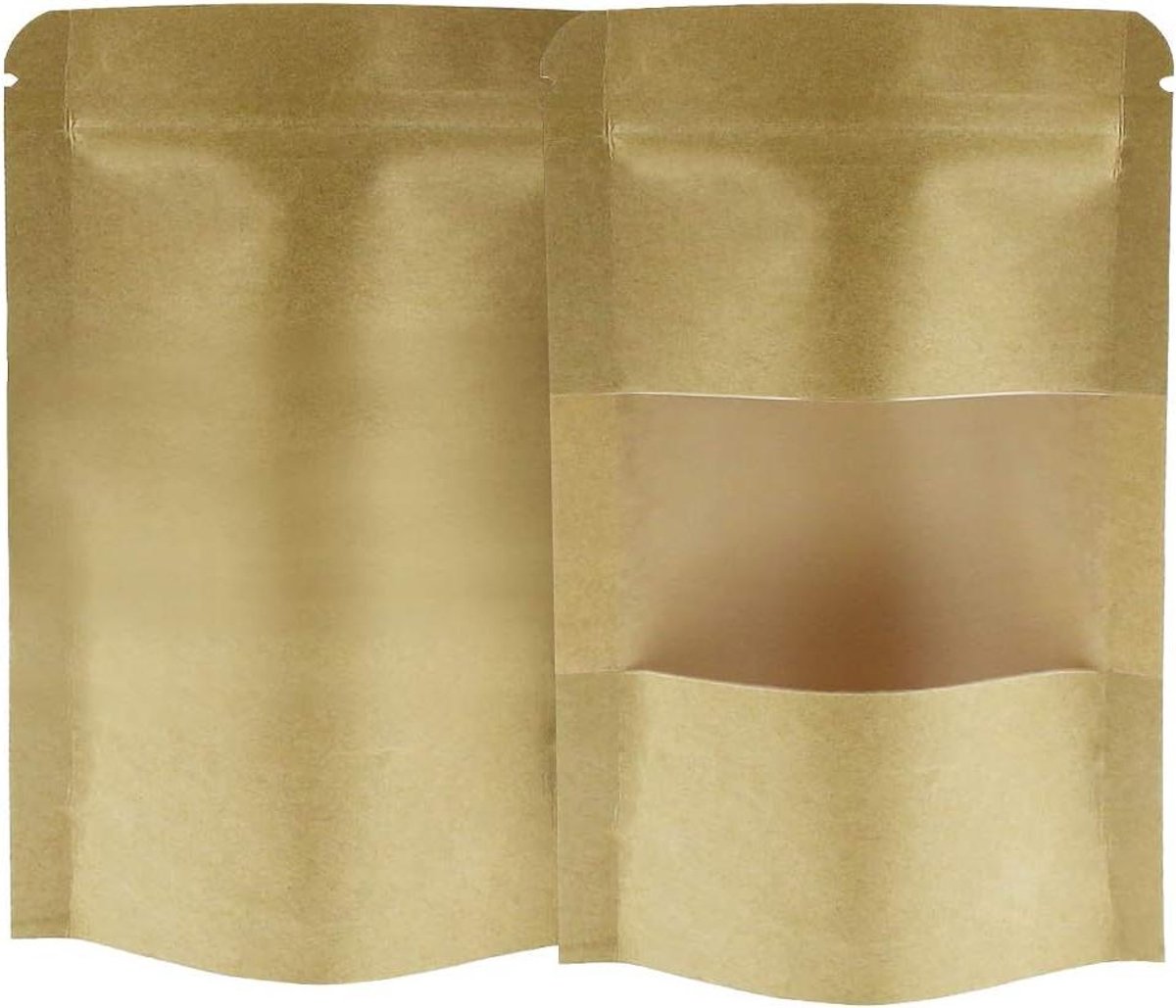 Image of 50 stuks Kraft Staande Voedselzakken | Herbruikbare Zip Lock Grip Zakjes met Venster | Geschikt voor Thee, Koffie, Noten en Gedroogd Fruit
