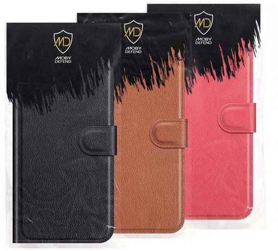 Drie MobyDefend hoesjes in zwart, bruin en roze.
