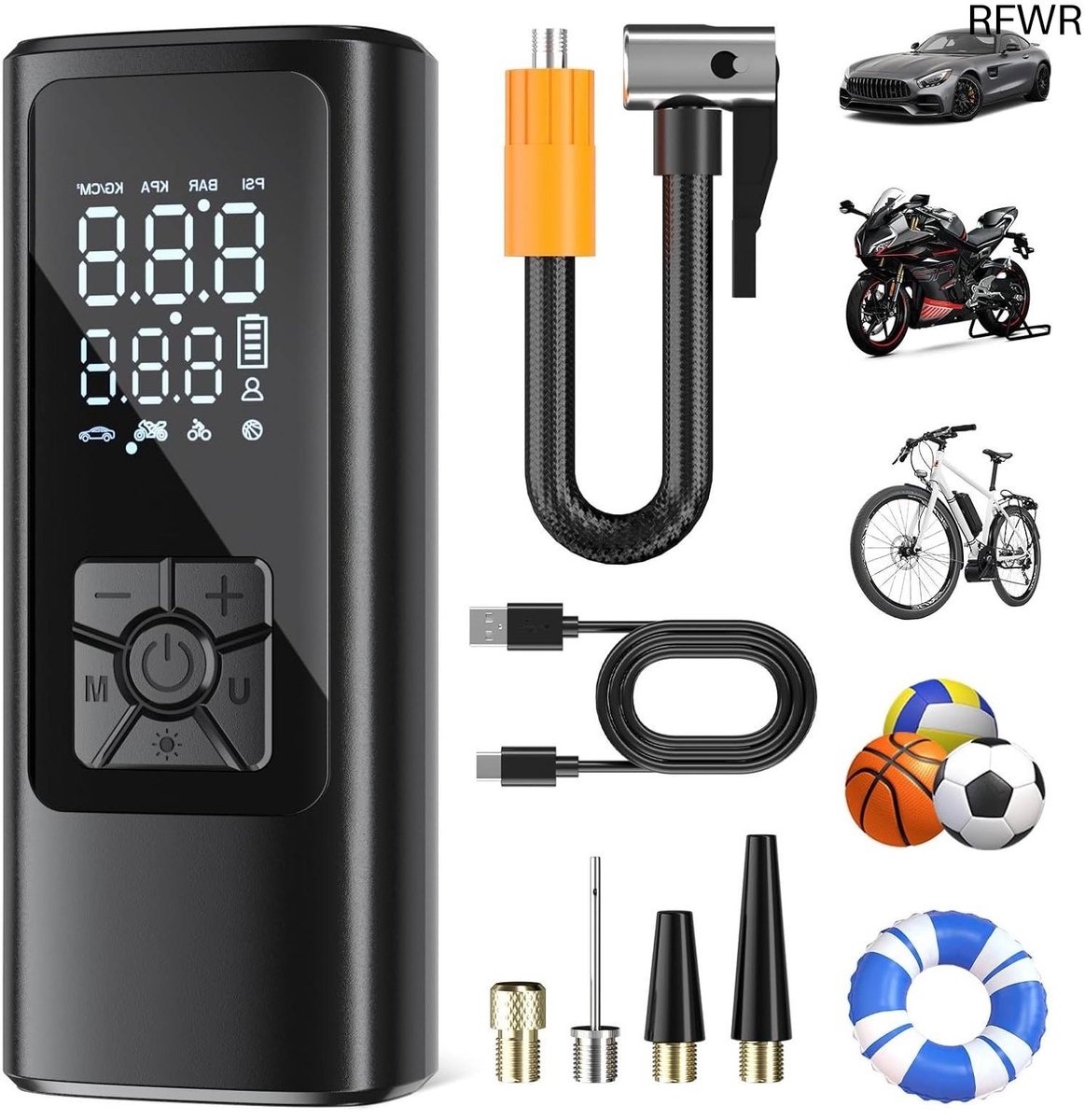 RFWR® Draagbare Elektrische Luchtpomp voor Auto en Fiets - 150 PSI, Automatisch Uitschakelen, LED Verlichting, Powerbankfunctie