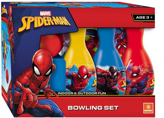 Boîte avec set de bowling Spiderman. Avec images de Spiderman. Âge 3+. Fun intérieur & extérieur.