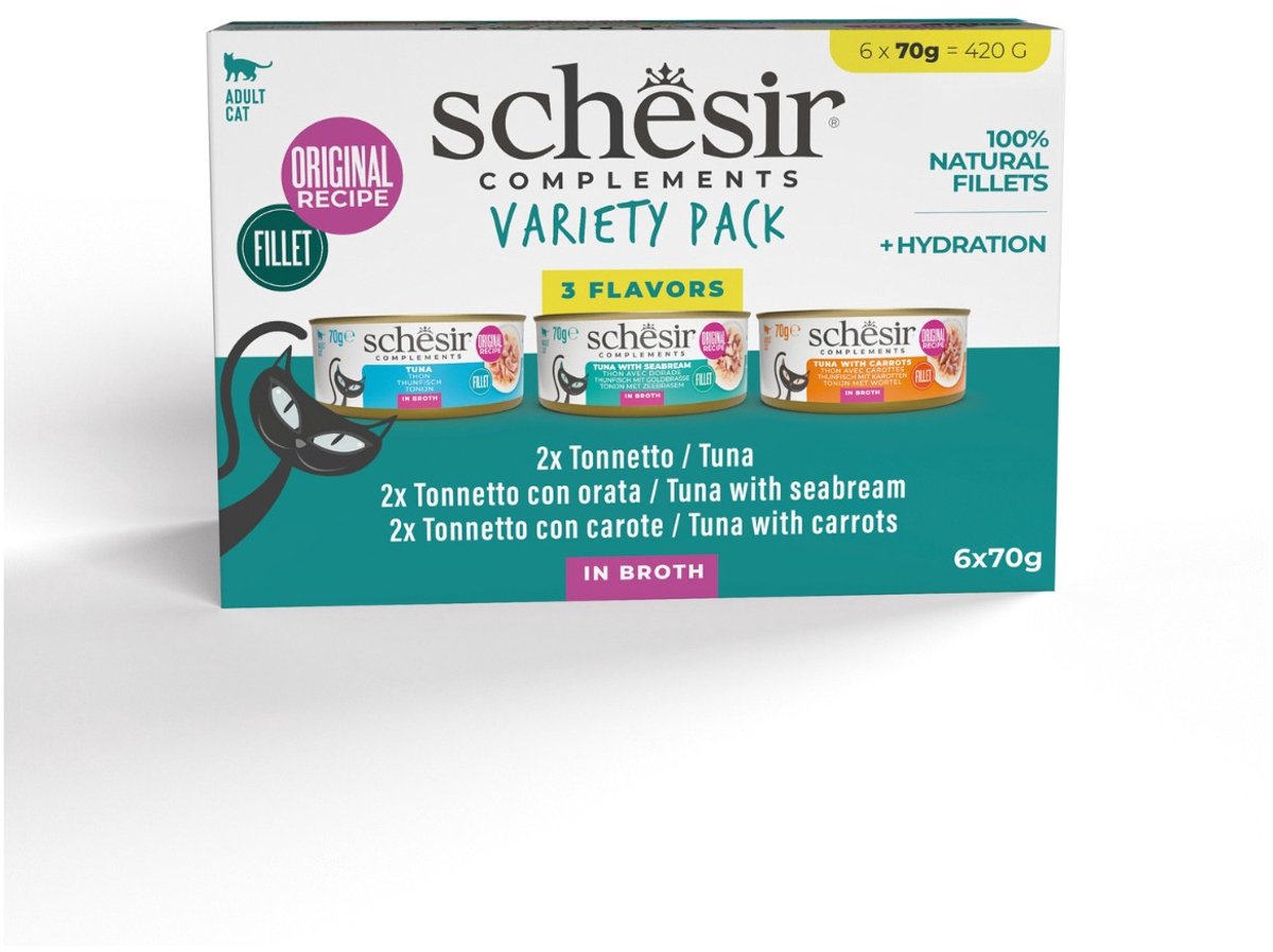 Schesir Complete In Bouillon – Kattenvoer – Tonijn Zeebrasem Wortel 6×70 g Variety Pack