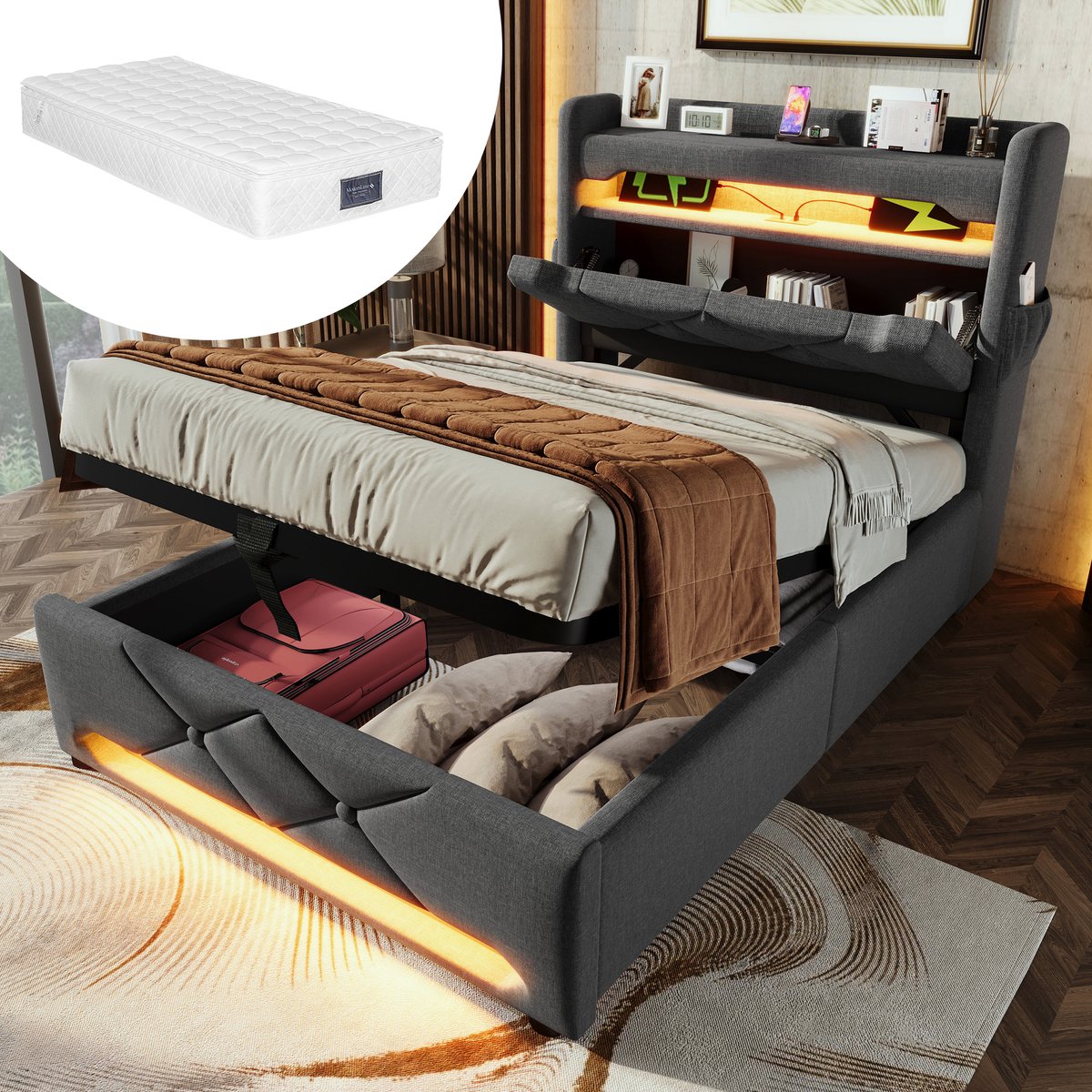 Gegtuon Kinderbed Gestoffeerd Bed 90x200 met Ledverlichting