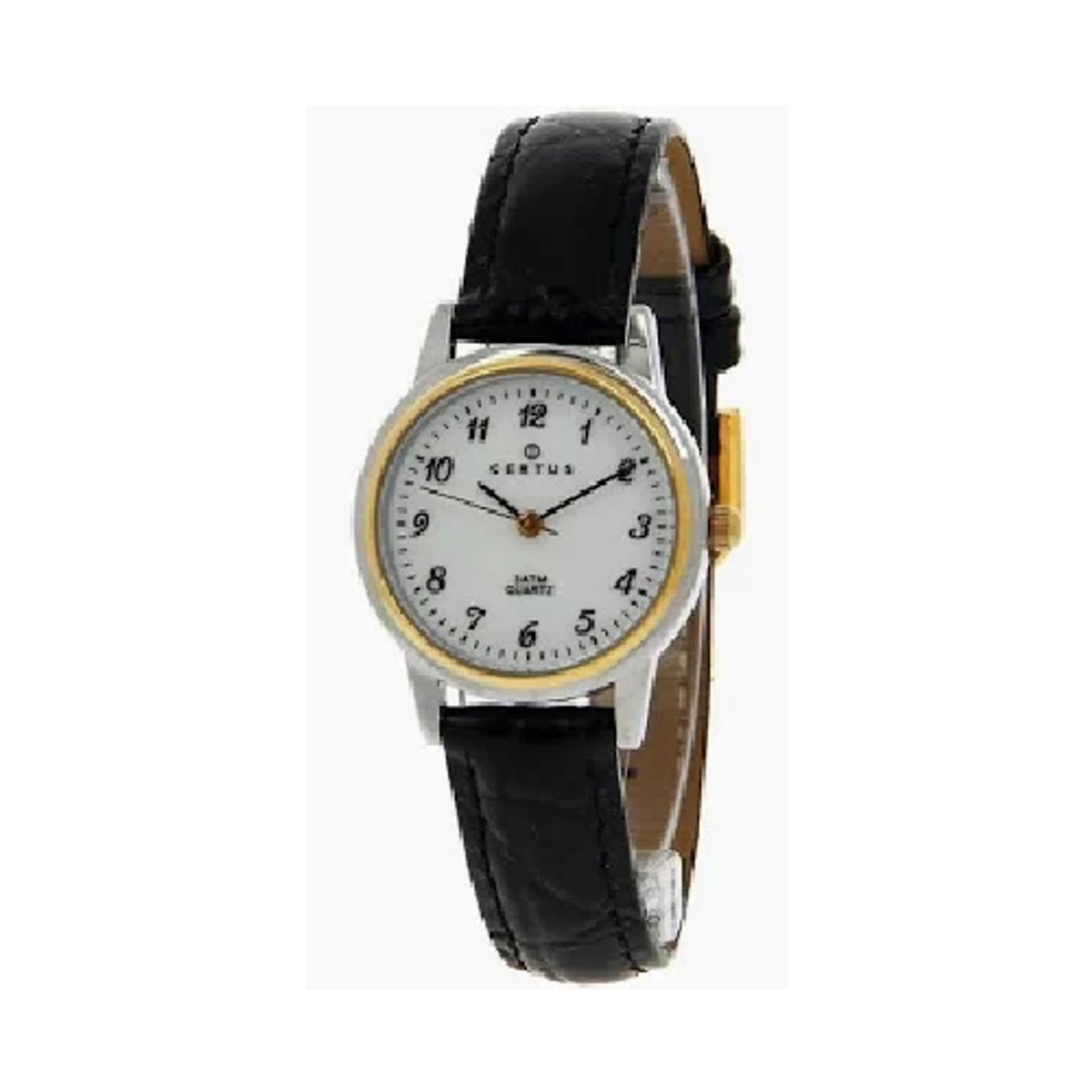 Certus-model 645302-dameshorloge-goud-zilverkleurig-zwart leder-kroko print-5 atm waterdicht-bicolor-5 atm waterdicht-made in france