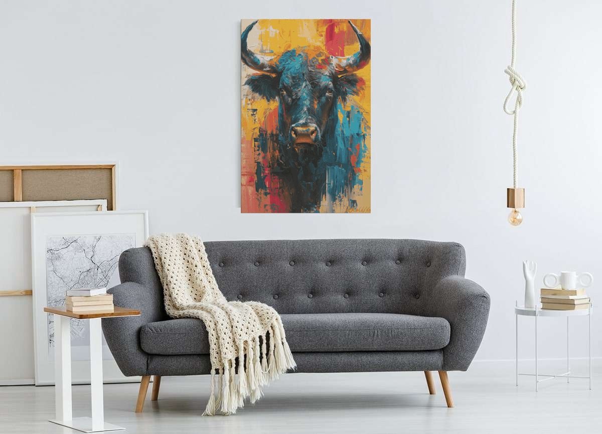 Canvas Schilderij – Kleurrijke Abstracte Stier op Canvas – Moderne wanddecoratie – 120x80x2 cm