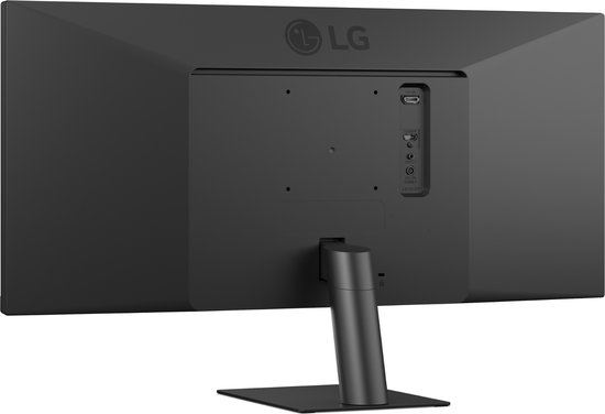 Achterkant van een zwarte LG monitor met standaard en aansluitingen.