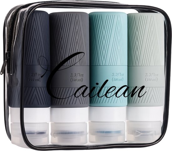 Cailean - Bouteilles de voyage avec étui - 4 pièces - 100 ml - Zwart / Grijs - Rechargeables - Bagage à main - Silicone - Accessoires de voyage - Coffret de voyage - Durable - Flacons de voyage