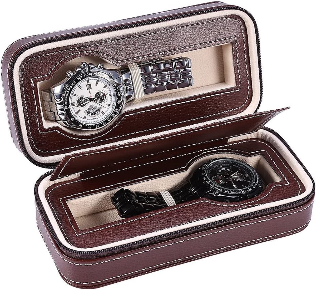 Salmue Draagbare Horloge Organizer, Horlogebox met 2 Compartimenten, Sieraden Horloge Opbergdoos Gemaakt van Kunstleer, met Rits