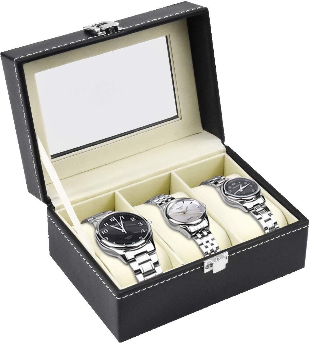 HQdeal Horlogebox voor 3 horloges, kunststof, grote vakken, transparant venster, zachte kussens, zwart